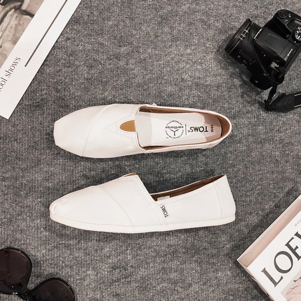 Giày Toms trắng nữ, giày búp bê nữ đế cao su đúc lót nhung