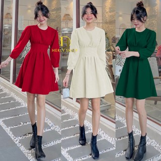 Đầm tay dài xoè xếp ly eo