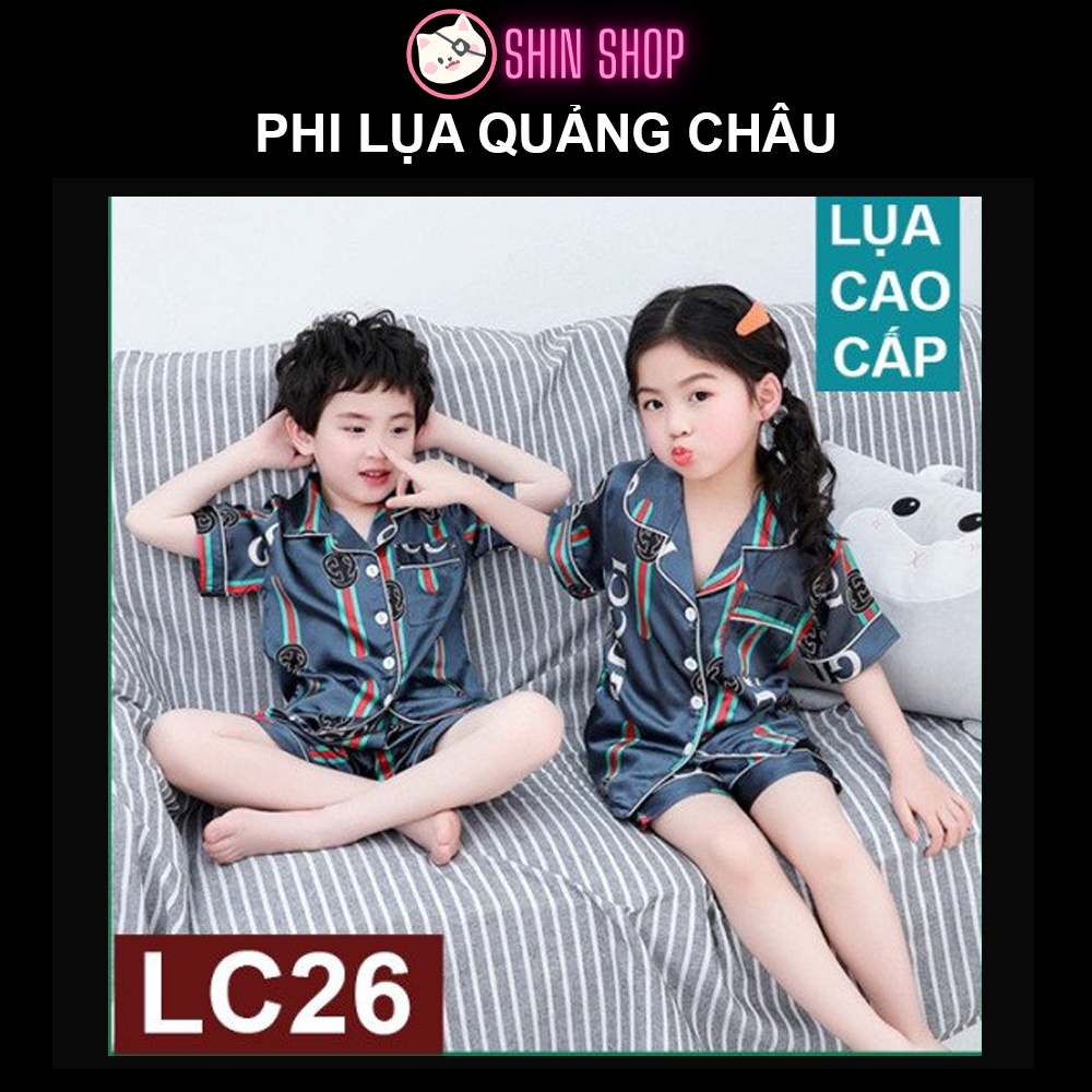 (9-21kg) ✅ Pizama PHI LỤA QUẢNG CHÂU Gucci xanh LC26 trẻ em, đồ ngủ cộc bé trai, bé gái