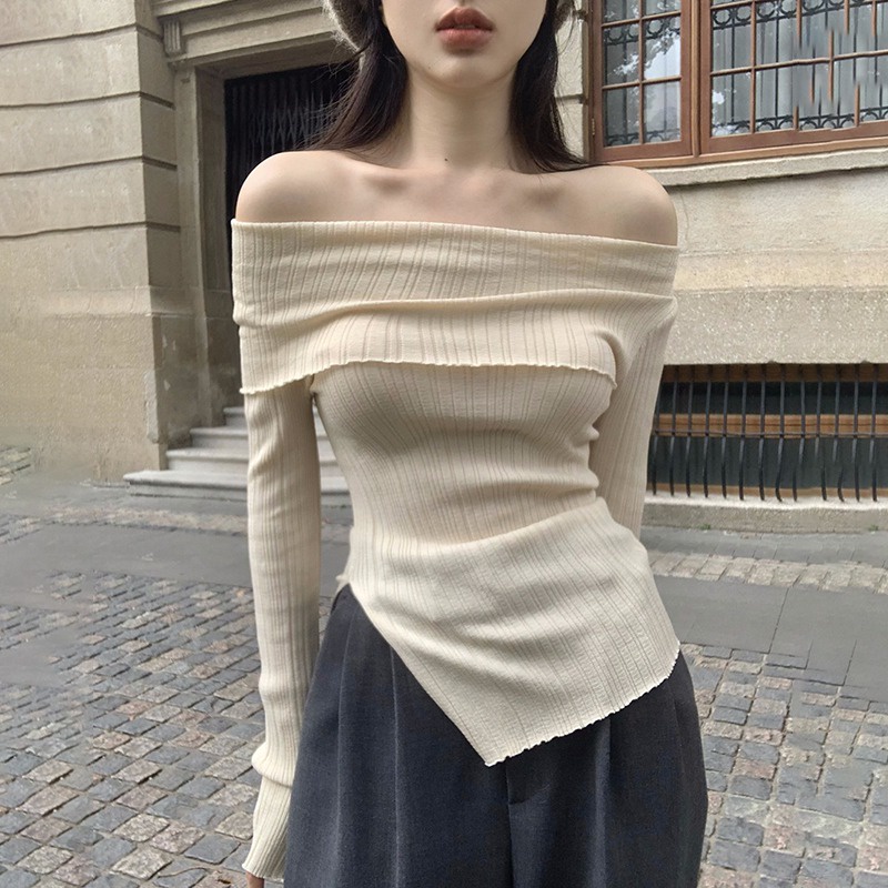 Áo Len Tay Dài Hở Vai Màu Sắc Trơn Phong Cách Hàn Quốc Dành Cho Nữ