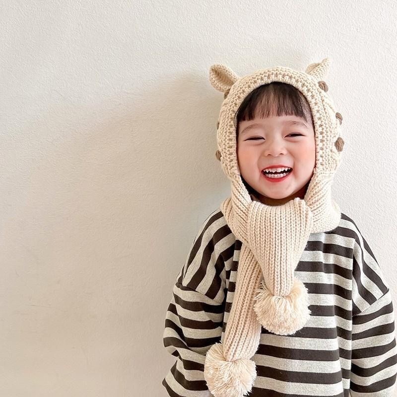 Mũ Len Kèm Khăn Choàng Một Mảnh Giữ Ấm Tai Phong Cách Hàn Quốc Cho Bé Gái