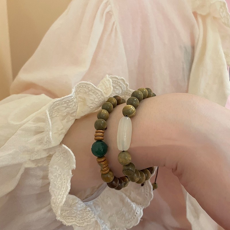 [Hàng Mới Về] Vòng Tay Chuỗi Hạt Gỗ Đàn Hương Màu Xanh Lá Phong Cách Trung Hoa Cổ Điển Có Thể Điều Chỉnh Kích