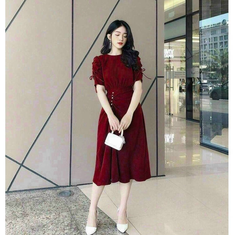 Đầm rút dây kết cườm cổ tròn tay ngắn cột nơ trẻ trung quý phái