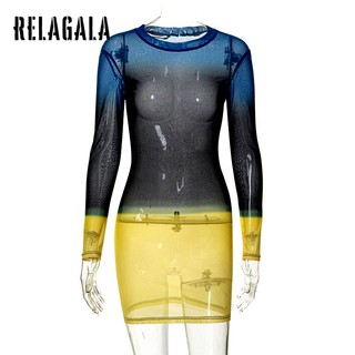 RelaGala Đầm dài tay in lưới cổ tròn thời trang nữ