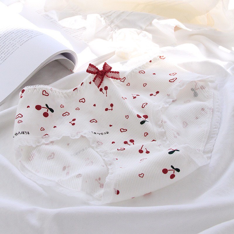 Quần Lót Nữ Cotton Gân Tăm Cherry Cạp Chun Bèo Ladi-0271