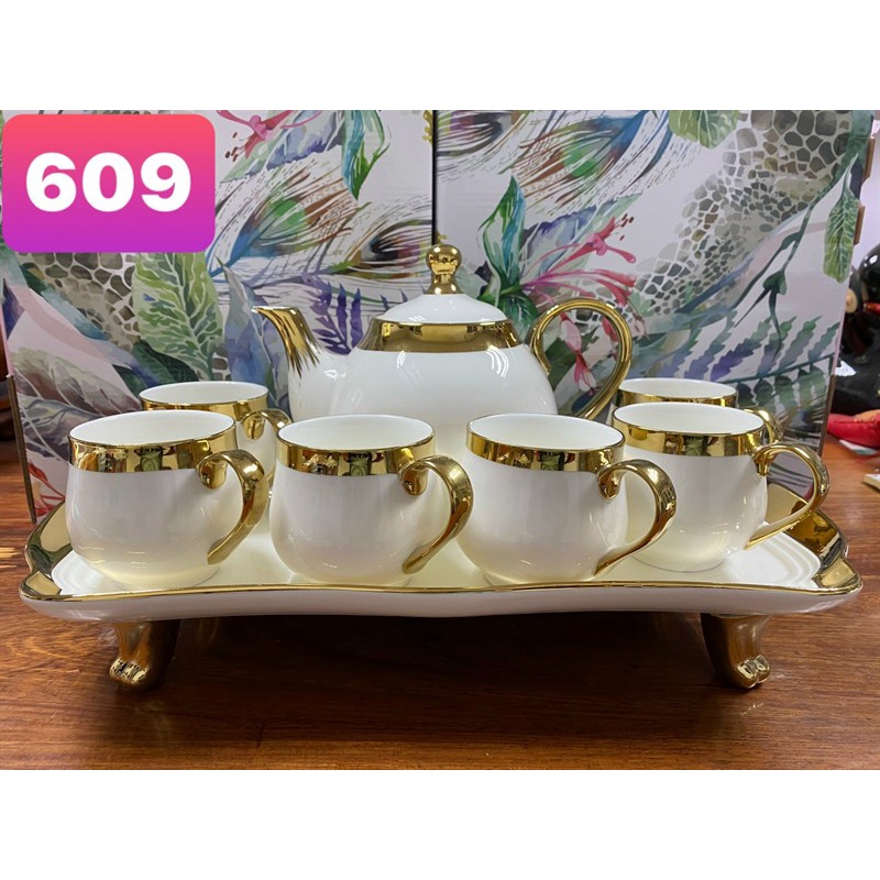 Bộ bình cốc kèm khay sứ pha trà cà phê sang trọng 609