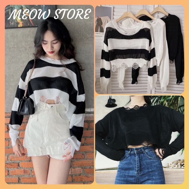 Áo len mỏng croptop tay dài rách tua rua hot girl hàng Quảng Châu