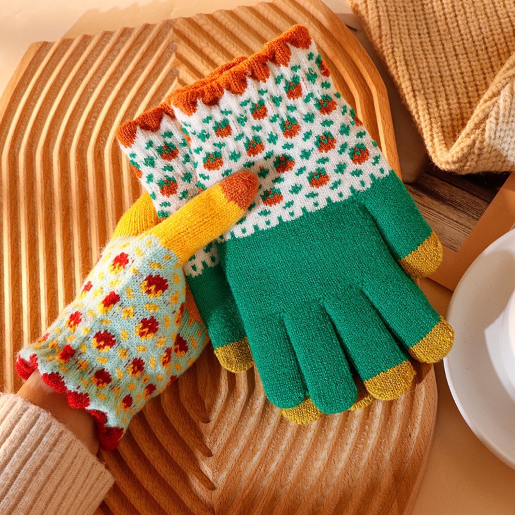 GT23 Găng tay nữ len nữ dệt kim phối màu dễ thương phong cách Hàn Quốc giữ ấm hay chống nắng