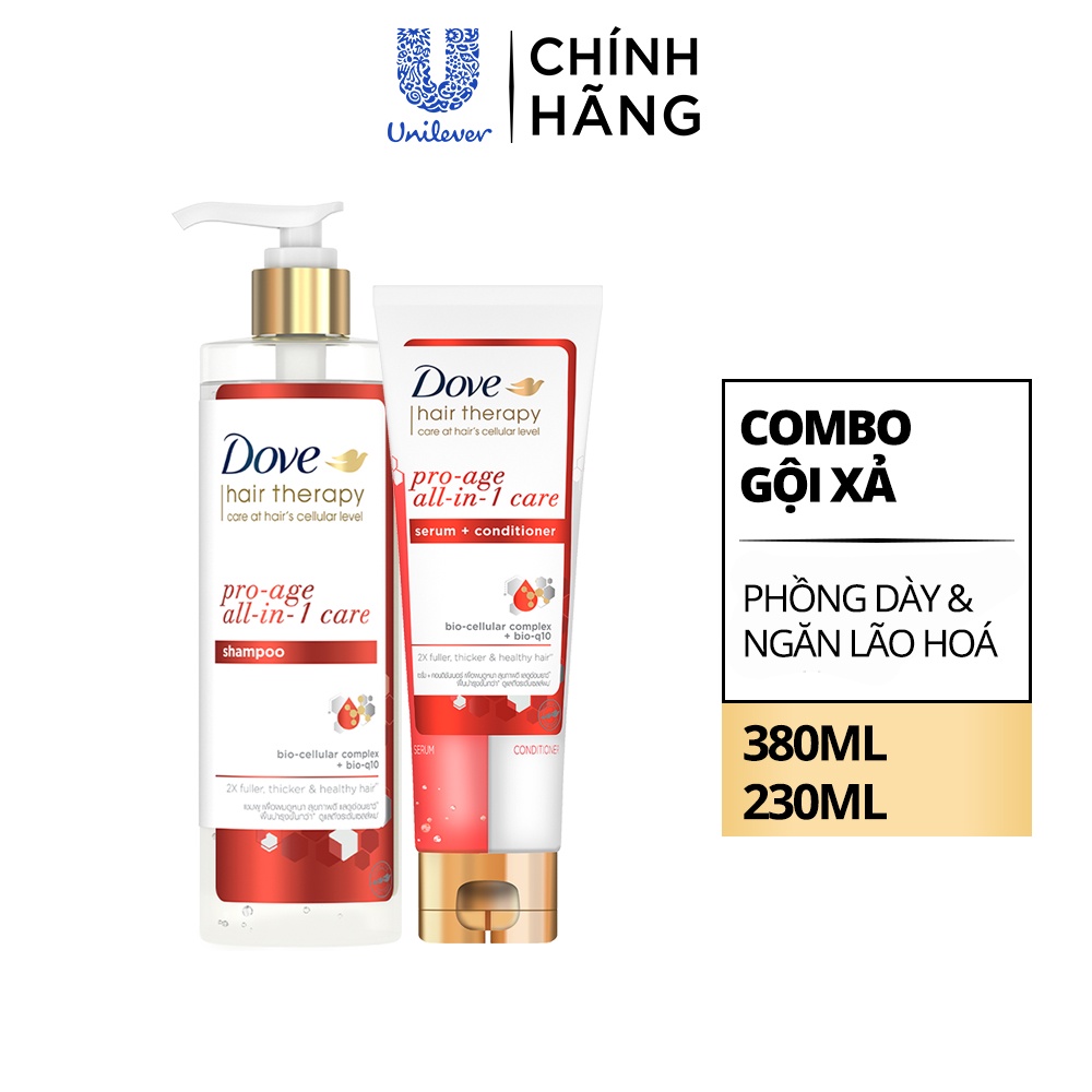 Combo Dầu gội và Kem Xả Serum 2 trong 1 Dove Hair Therapy Tóc phồng dày và Ngăn lão hóa 380ml, 230 ml