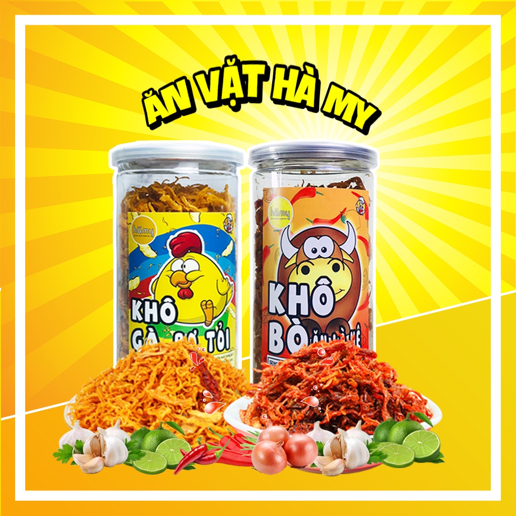 Combo 2 món đồ ăn vặt đóng hũ, combo khô gà bơ tỏi, khô bò xé sợi