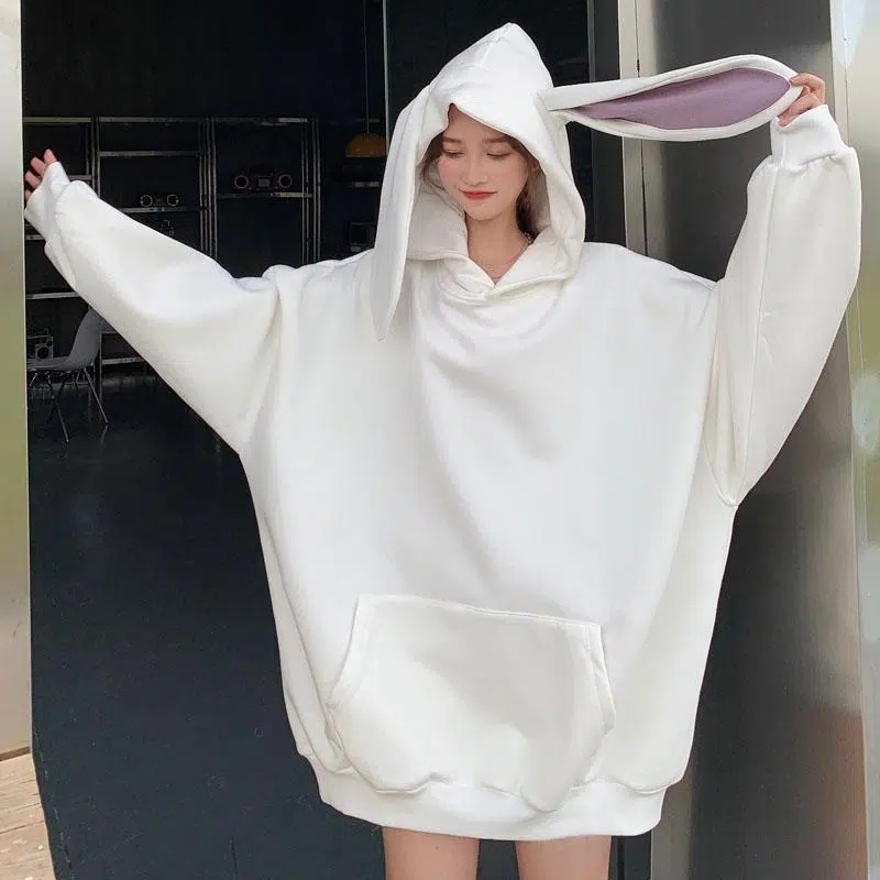 Aphrod Áo Hoodie Tay Dài Dáng Rộng In Hình Tai Thỏ Dễ Thương Phong Cách Hàn Quốc Thời Trang Mùa Thu Cho Nữ
