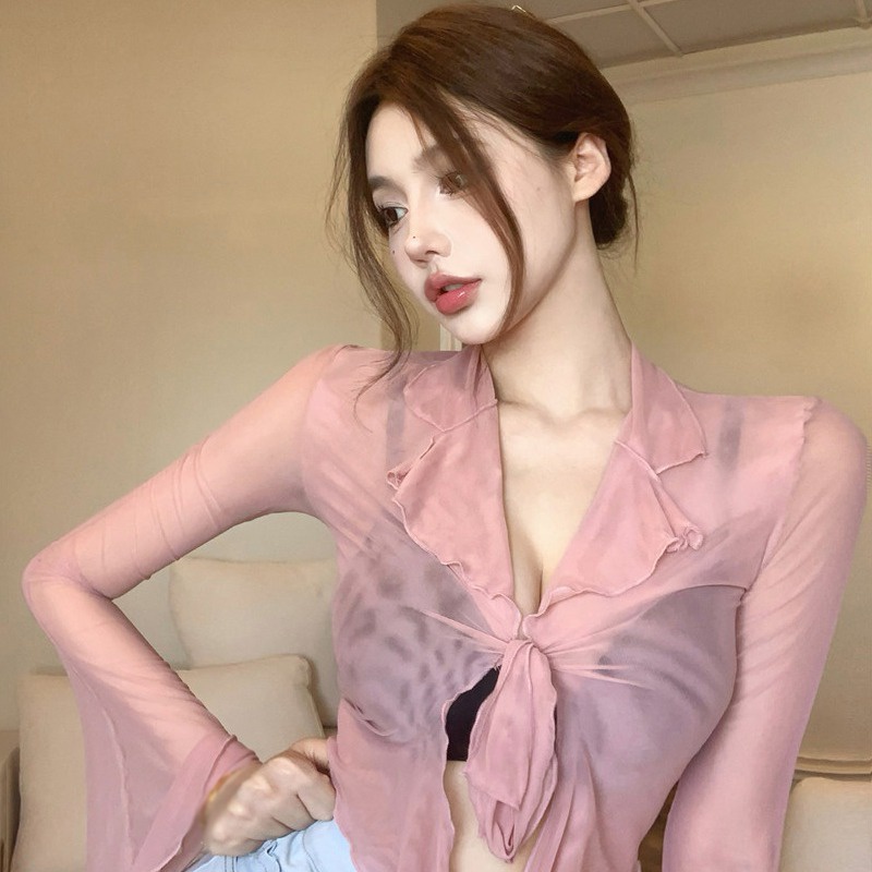 Áo Lưới Mỏng Nhẹ Tay Dài Trong Suốt Màu Trơn Phong Cách Hàn Quốc Quyến Rũ Cho Nữ