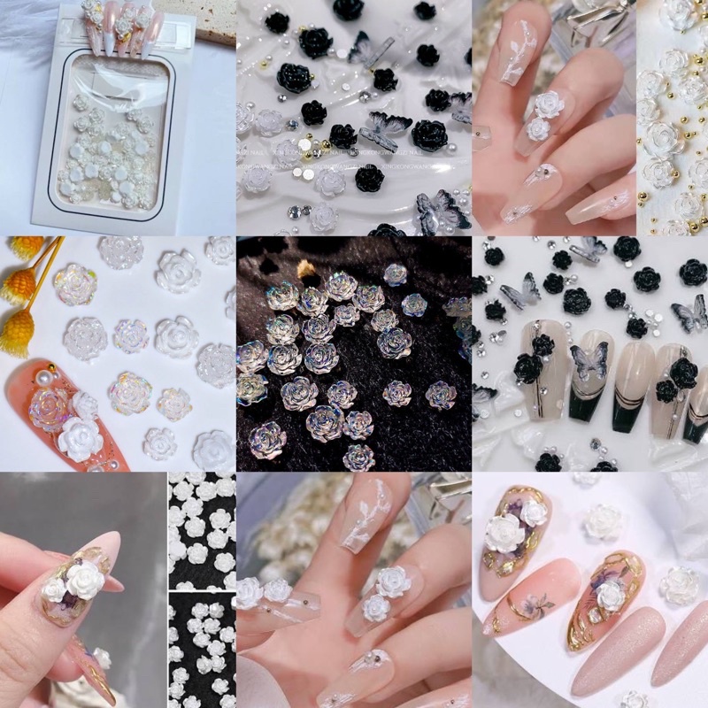 Cham hoa hồng đen trắng đính móng siêu đẹp HOT