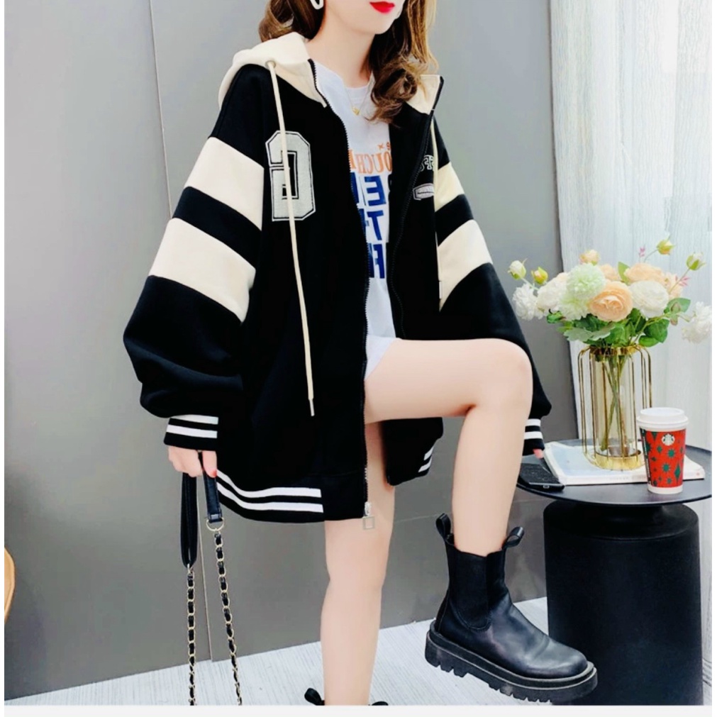 Áo Khoác Nỉ Nữ Dây Khóa Kéo Form Rộng Phối Màu Nón Lớn Mặc Đẹp NEW UNISEX