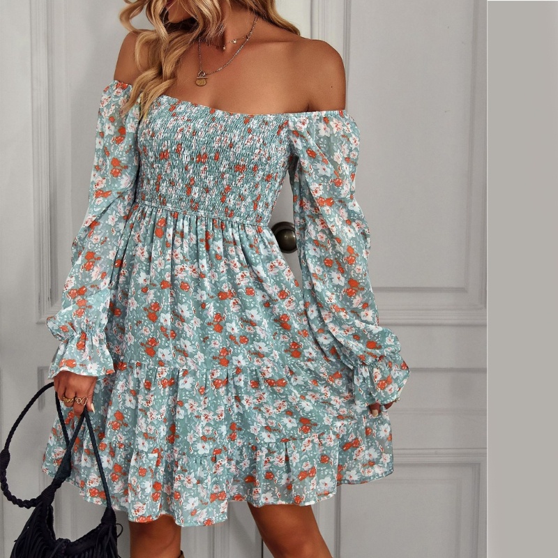 Xiangbao Đầm Midi Dáng Chữ A Xòe Xếp Nếp Tay Dài Hở Vai Viền Bèo Nhún Họa Tiết Hoa Phong Cách Bohemian Cho Nữ