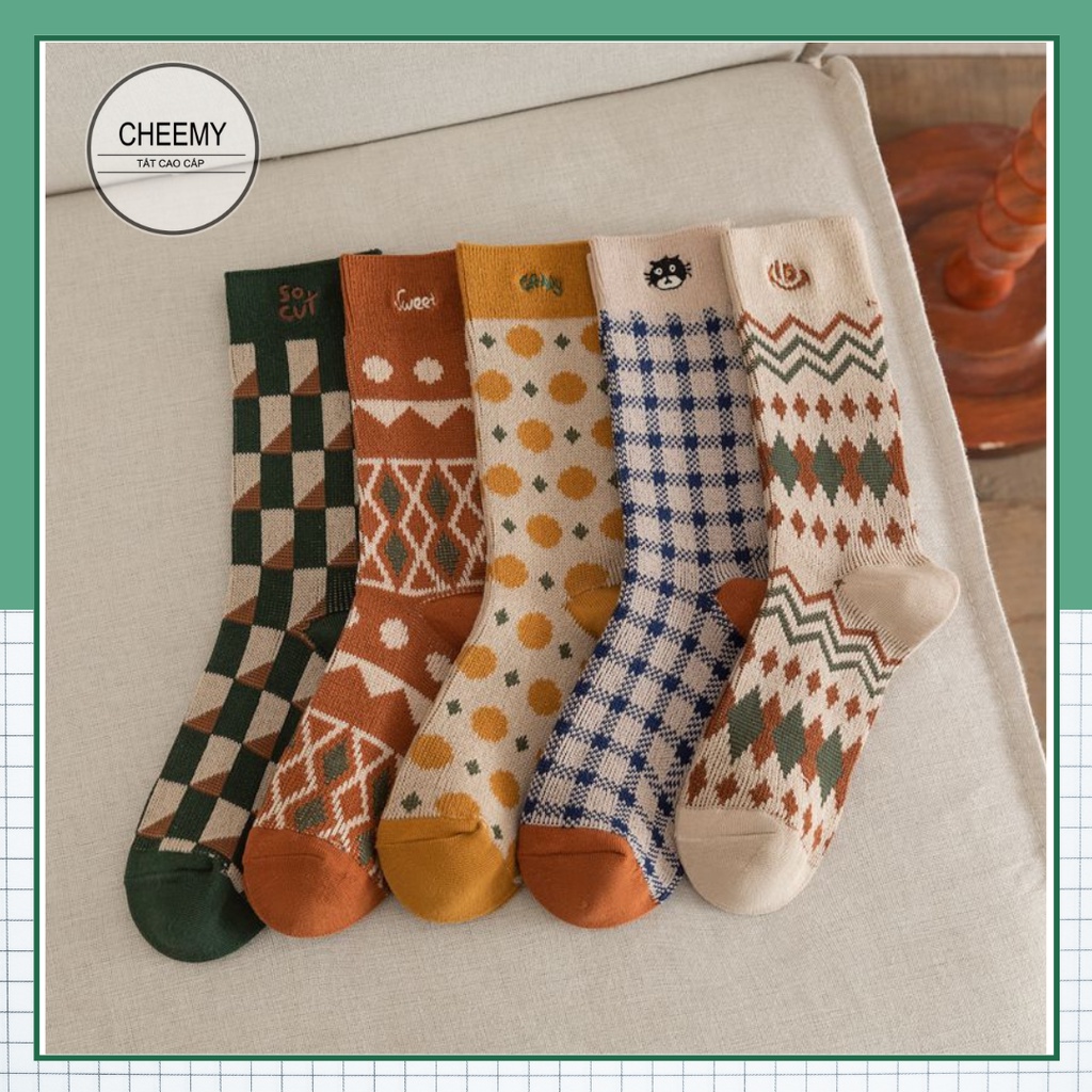 Tất Cheemy Tất Vớ Cổ Cao Hoa Văn Thổ Cẩm Vintage etro