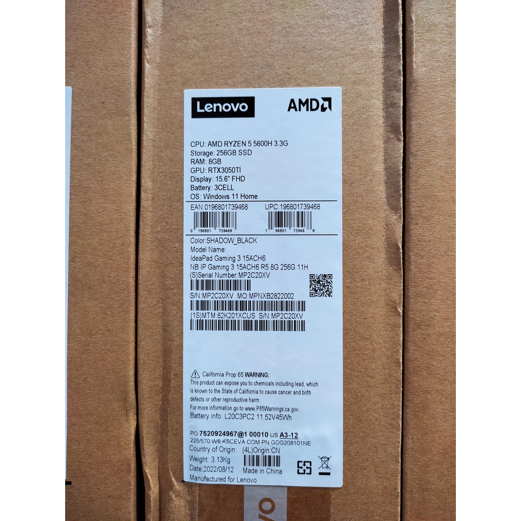 Laptop Lenovo Ideapad Gaming 3 Ryzen 5-5600H/ 8GB/ 256GB/ RTX 3050Ti/15.6" FHD IPS 120Hz