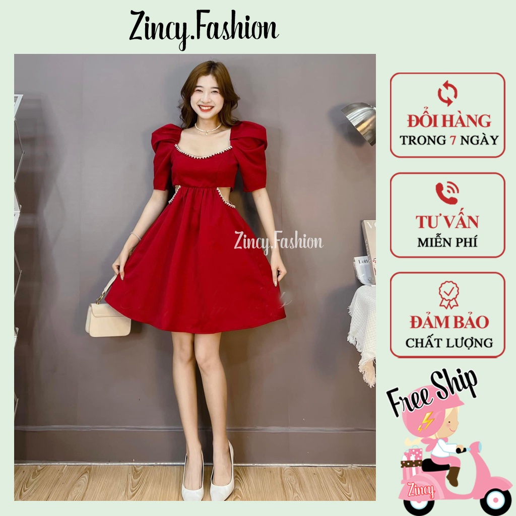 Đầm xoè dáng ngắn khoét eo viền ren tay phồng Váy đỏ tay bồng đi chơi đi tiệc DOVRE01