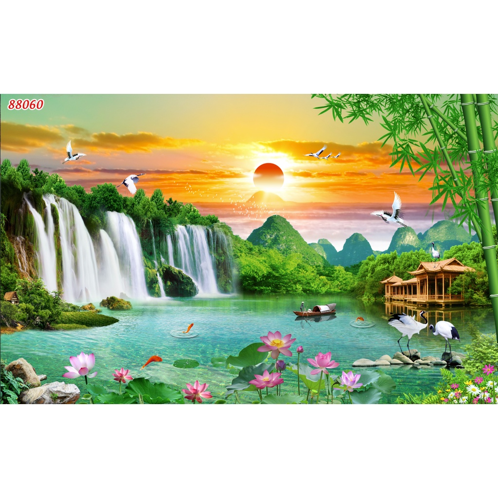 Tranh SƠN THUỶ dán phòng khách, phòng ngủ, phòng ăn chủ đề thiên nhiên tươi xanh