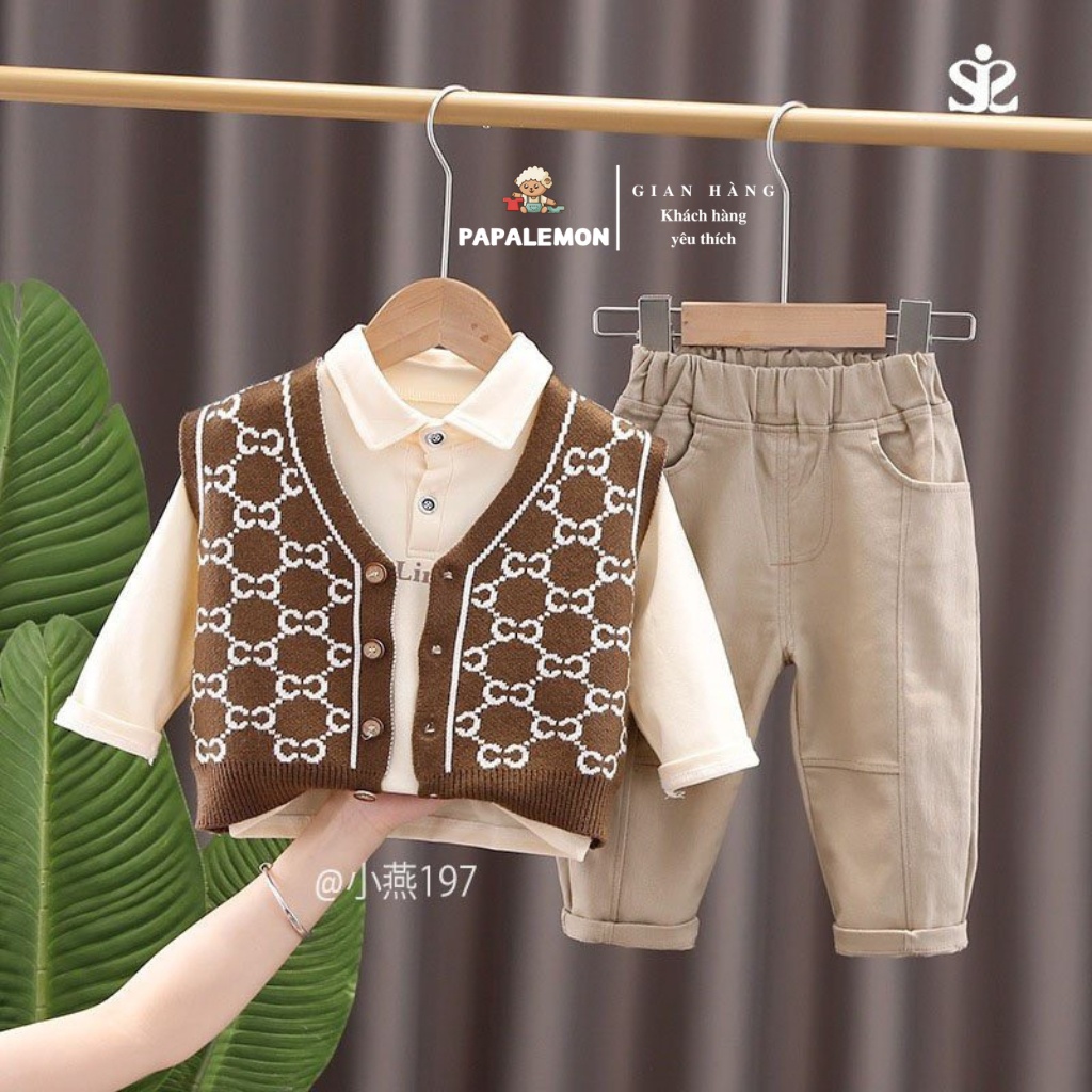 Set quần áo bé trai B025, bộ quần áo bé trai combo 3 sản phẩm áo khoác gile, áo polo, quần kaki kiểu hàn quốc PAPALEMON