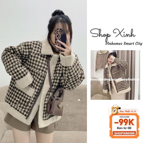 Áo Dạ Tweed Quảng Châu Kẻ Ziczac Màu Nâu Phối Lông, Áo khoác dạ nâu kẻ caro phối lông xinh xỉu