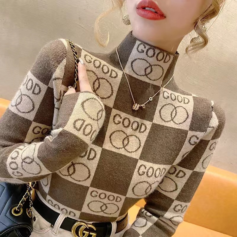 Áo len RENJIANVSHENG tay dài cổ lọ phối màu sắc tương phản thời trang mùa thu dành cho nữ