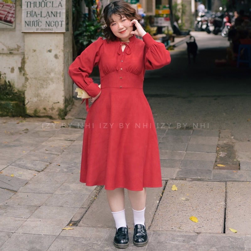 VÁY ĐẦM BIGSIZE NHUNG CỔ TÀU BUỘC NƠ - CHOU DRESS - IZYBYNHI