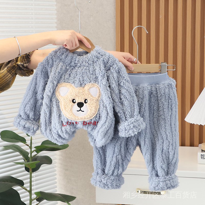 Bộ Đồ Ngủ Liền Thân Vải Lông Cừu Dày In Hoạt Hình Dễ Thương Thời Trang Thu Đông Cho Bé Trai M7V