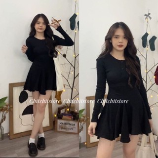 Đầm đen tay dài nút - Chitchitstore