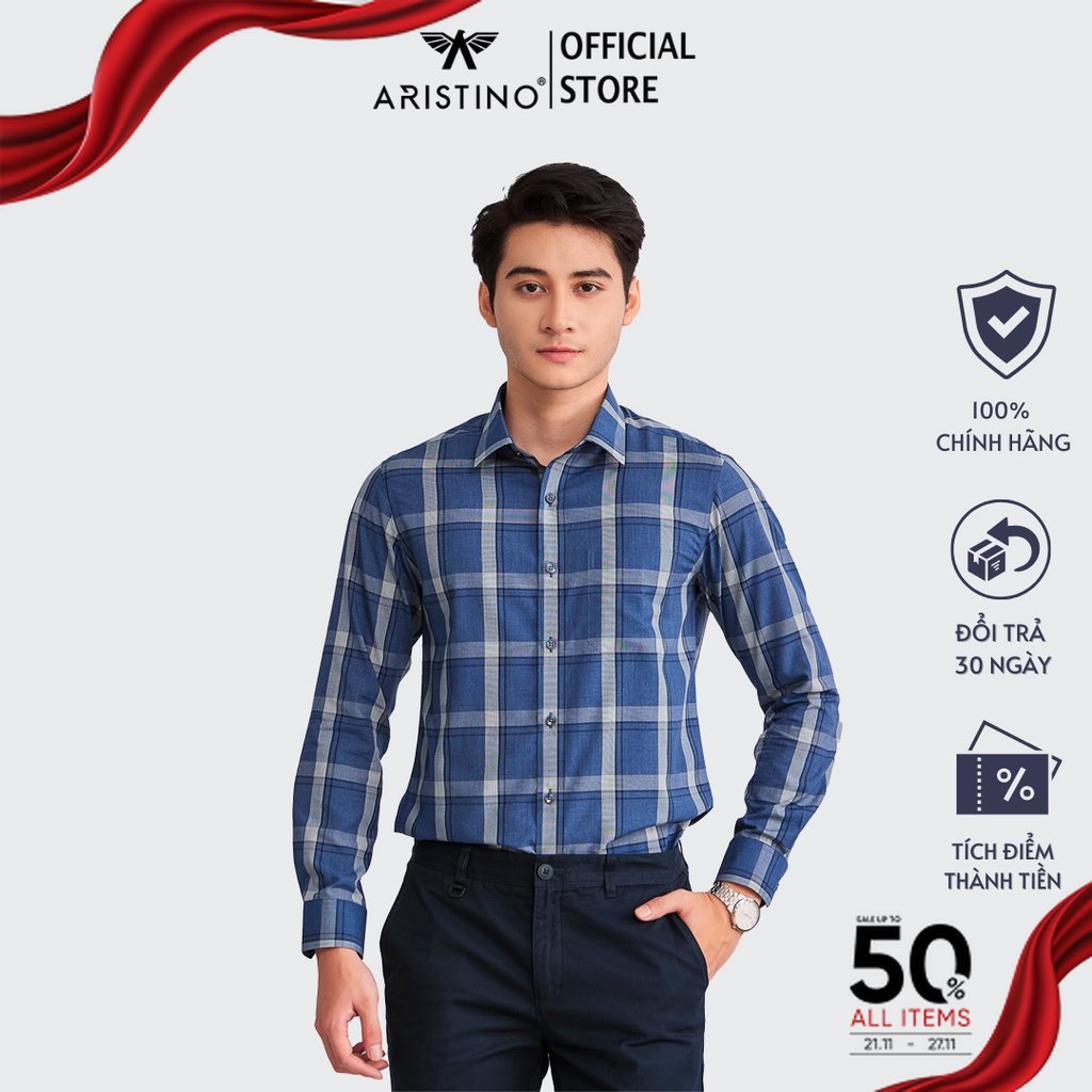 (Mẫu mới) Áo sơ mi nam dài tay ARISTINO họa tiết xanh kẻ caro trẻ trung, lịch sự - ALS12802