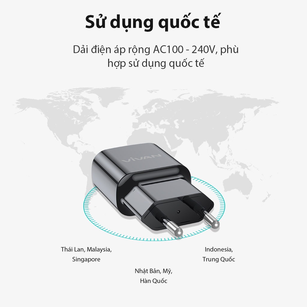 Cốc sạc VIVAN Power Oval 3.0 II 18W  3A(kèm cáp sạc Type C) Hỗ trợ Sạc Nhanh Sạc Nhanh QC 3.0 Xiaomi Samsung Huawei