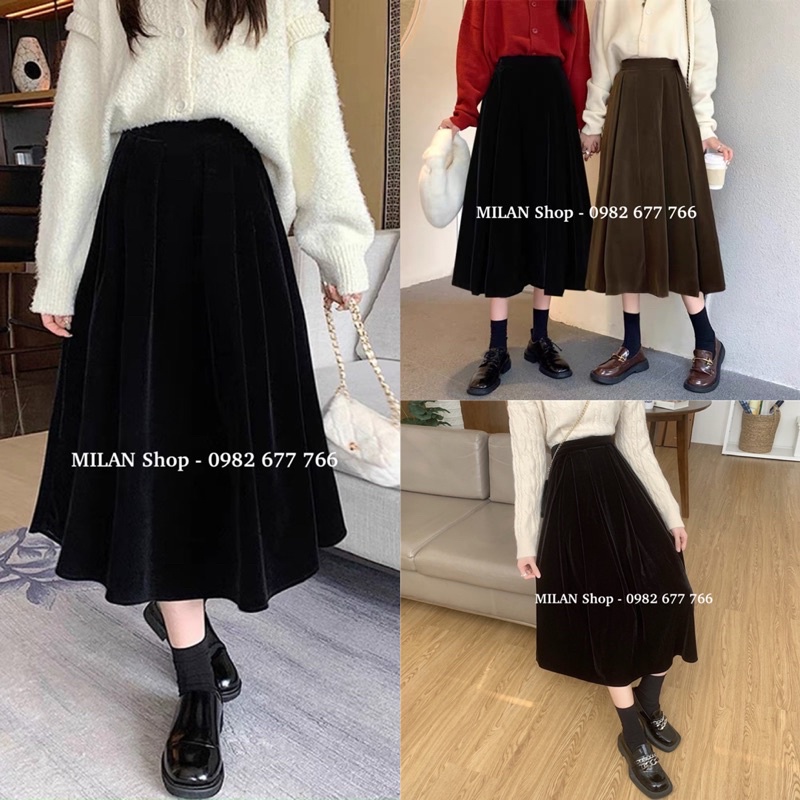 Chân váy nhung dài dáng xoè có 2 túi sườn sang chảnh
