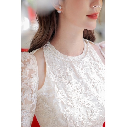 Áo dài cách tân truyền thống ren lưới loại 1 hở vai màu nude kem chơi Tết dự tiệc