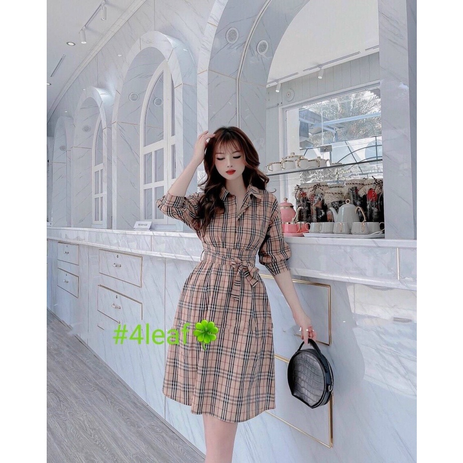 (Miễn Phí Ship 2022) Đầm sơ mi caro ,đầm nữ tay phồng dáng xòe có dây cột eo,chất đẹp lên from chuẩn