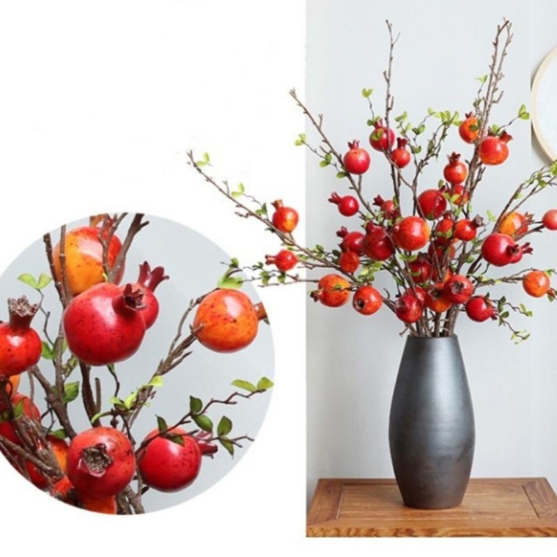 Cành lựu giả decor 7 quả 80cm chất liệu cao cấp trang trí đón tài lộc cao
