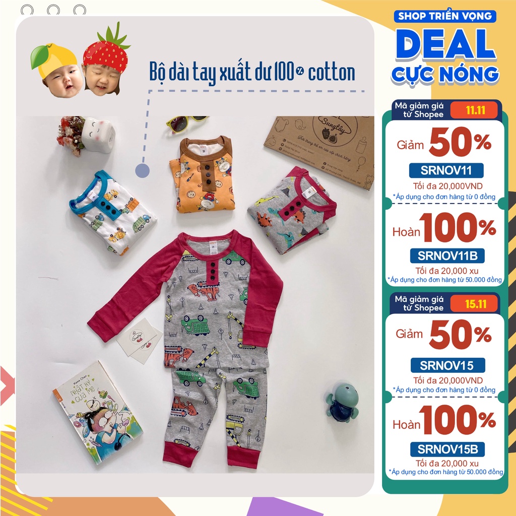 Link 2 Bộ dài tay thu đông cho bé trai, cotton hình các bé yêu thích