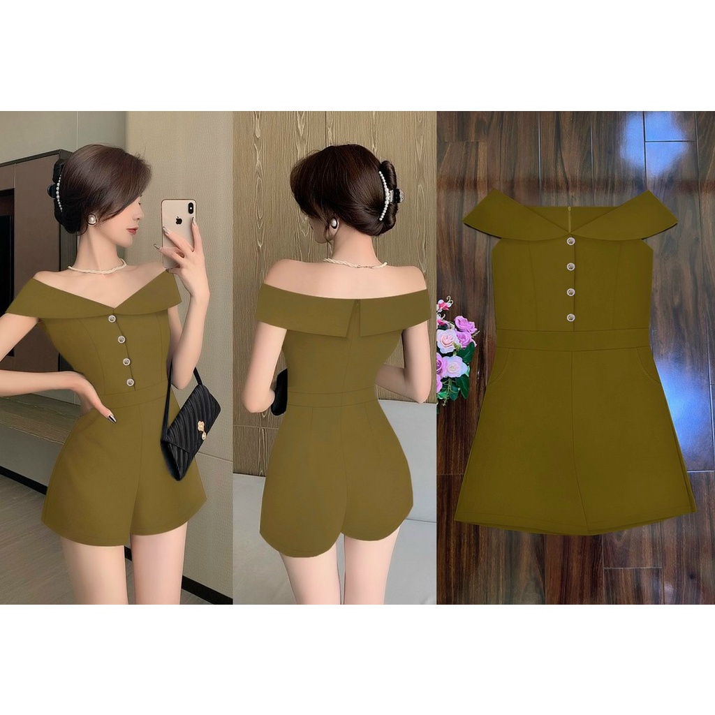Jum ngắn trễ vai dây kéo lưng phối nút xinh xắn jumpsuit dáng ngắn J1204