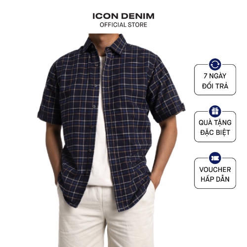 Áo Sơmi Nam Tay Ngắn ICON DENIM Relaxed-Fit Form Caro Trẻ Trung SMID0047