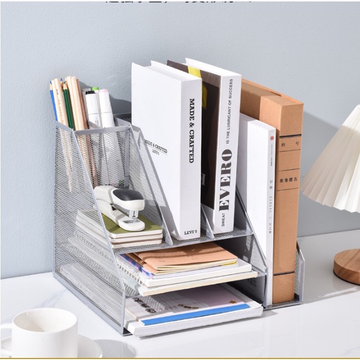 Kệ tài liệu kim loại đa năng để bàn có ngăn đựng đồ dùng văn phòng. đồ dùng học tập tiện ích, giá để sách thông minh