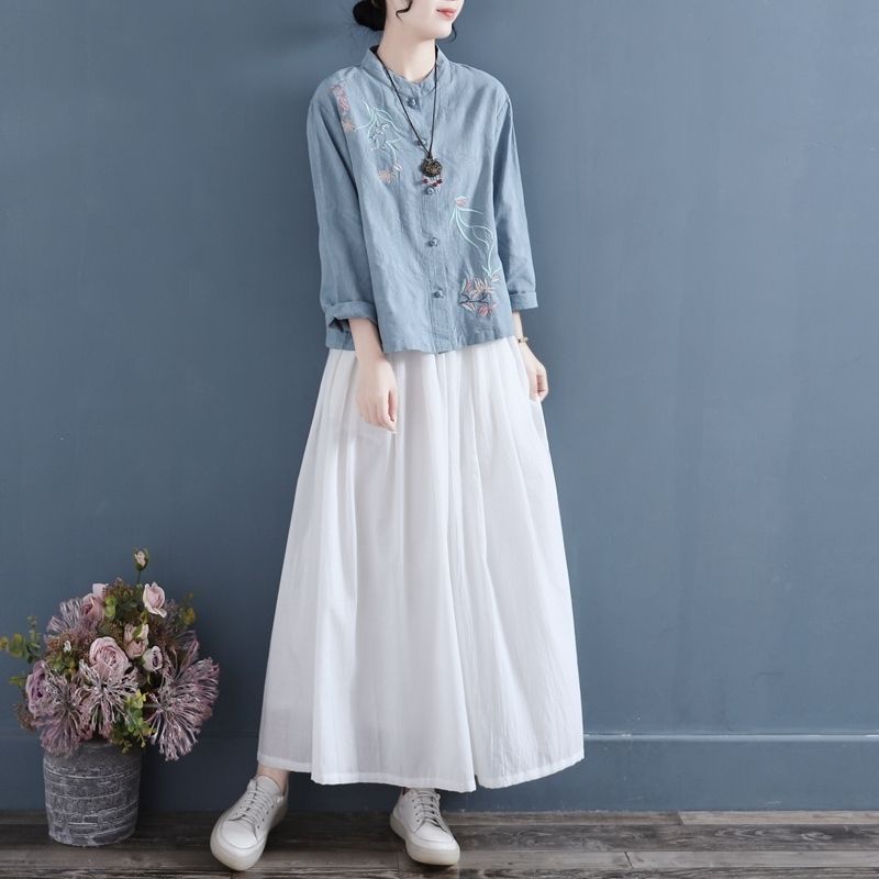 Áo Sơ g Mù Cà Điển Thi Khuy Tht Phong Cáchêu  Hoa Cổời TranHọa TiếMi Vải Lanh Cotton Tay Dài Cổ Đứng Trunga Xuân 23%
