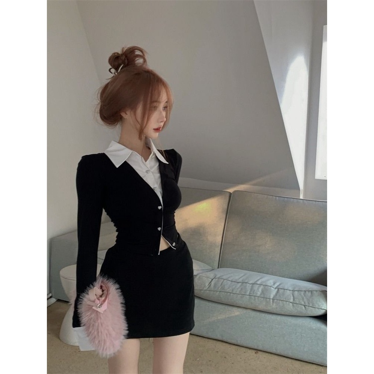 Áo Sơ Mi Dáng Ngắn Phối Hai Màu Đen Trắng Phong Cách Hàn Quốc Quyến Rũ