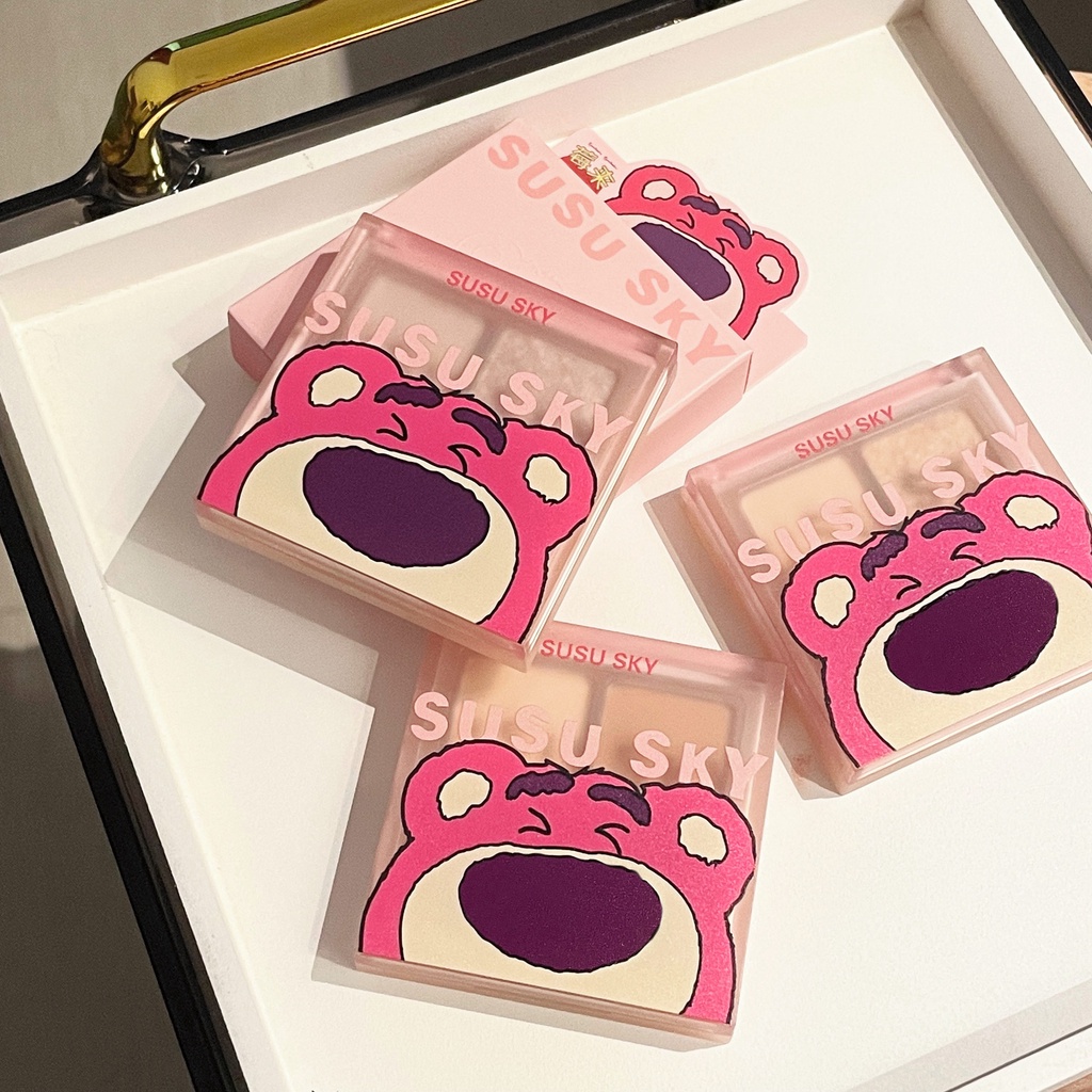 Bảng Phấn Mắt Bốn Màu Lì Và Màu Nhũ Dâu Tây Chống Thất Lạc Họa Tiết Gấu Hoạt Hình Dễ Thương