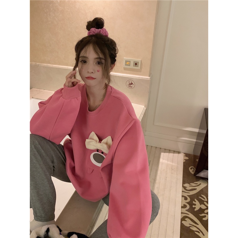 Porozi Áo sweater  tay dài cổ tròn đính nơ phong cách Hàn Quốc xinh xắn cho nữ