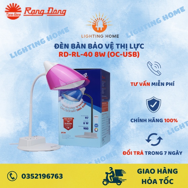 Đèn bàn LED RẠNG ĐÔNG Model: RD-RL-40 8W (OC-USB) tích hợp ổ cắm và chân sạc USB thuận tiện sử dụng