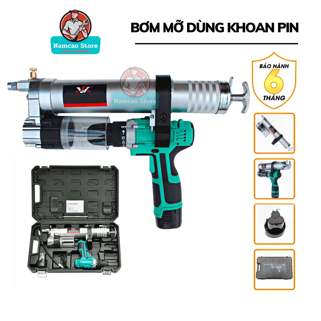 Súng bơm mỡ dùng máy khoan pin đa năng 600cc, Dụng cụ bơm mỡ bò kết hợp máy khoan pin, máy bulong, máy bắn vít