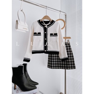 Áo khoác tweed trắng cổ tàu viền đen tay dài 2 túi ngực viền đen