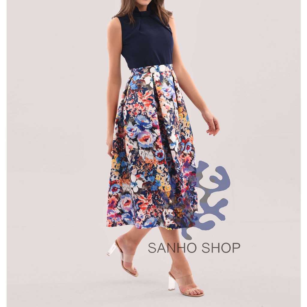 ĐẦM MIDI T3D FL0RAL FULL SKIRT IN NAVY