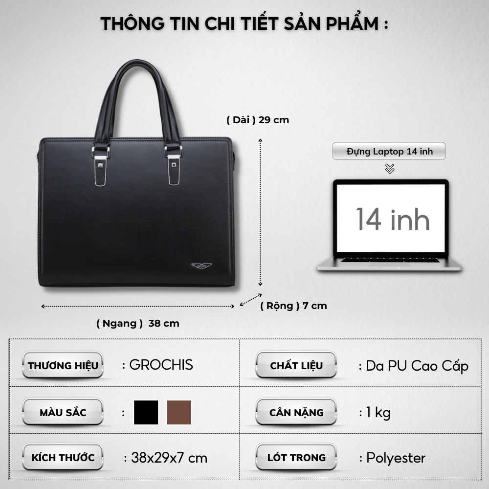 Cặp da công sở Cặp văn phòng Cao Cấp GROCHIS Chất liệu Da PU cực bền Túi xách da công sở túi đựng laptop 14 inh- 𝑰𝑩𝑨𝑮
