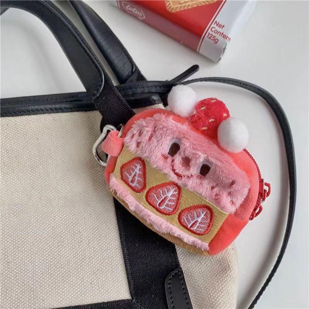 FALLFORBEAUTY Ví Đựng Tiền Xu Mini Thêu Họa Tiết Trái Dâu Dễ Thương Kèm Móc Khóa Tiện Dụng