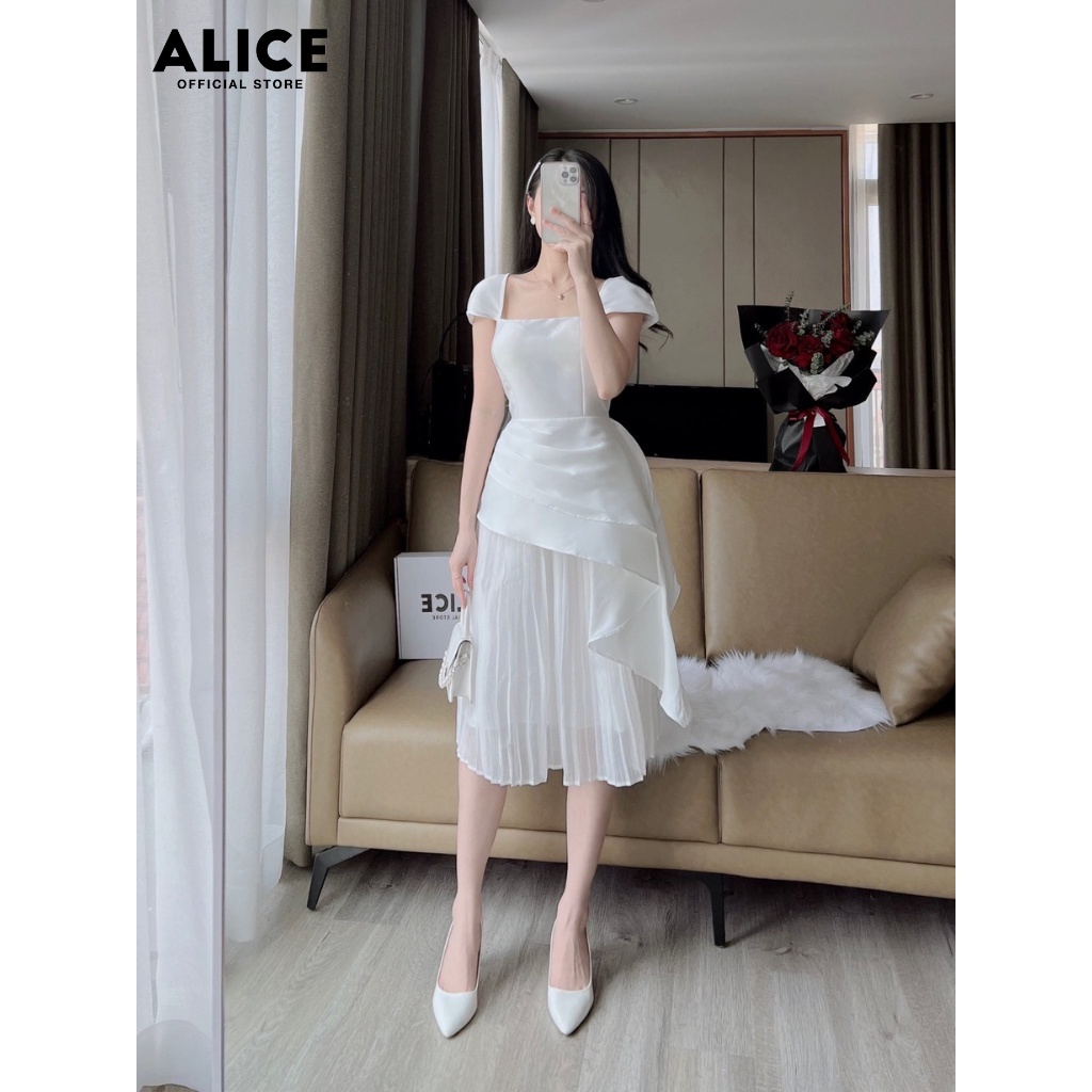 Đầm Dự Tiệc Thiết Kế Tiểu Thư Cổ Vuông ALICE Chất Vải Tafta Cao Cấp Phối Tơ Thiết Kế Tay Cánh Tiên Phối Dập Ly V790